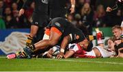 13 October 2017; Christian Lealiifano of Ulster is held up on the try line by Nathan Hughes of Wasps during the European Rugby Champions Cup Pool 1 Round 1 match between Ulster and Wasps at Kingspan Stadium in Belfast. Photo by David Fitzgerald/Sportsfile