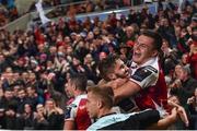 13 October 2017; Jacob Stockdale of Ulster celebrates after scoring his side's first try with Stuart McCloskey during the European Rugby Champions Cup Pool 1 Round 1 match between Ulster and Wasps at Kingspan Stadium in Belfast. Photo by David Fitzgerald/Sportsfile