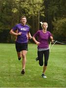 14 October 2017; Vhi ambassador and Olympian David Gillick pictured finishing the run with his wife Charlotte at the Malahide parkrun where Vhi hosted a special event to celebrate their partnership with parkrun Ireland. David was on hand to lead the warm up for parkrun participants before completing the 5km course alongside newcomers and seasoned parkrunners alike. Vhi provided walkers, joggers, runners and volunteers at Malahide parkrun with a variety of refreshments in the Vhi Relaxation Area at the finish line. A qualified physiotherapist was also available to guide participants through a post event stretching routine to ease those aching muscles.  parkruns take place over a 5km course weekly, are free to enter and are open to all ages and abilities, providing a fun and safe environment to enjoy exercise. To register for a parkrun near you visit www.parkrun.ie. New registrants should select their chosen event as their home location. You will then receive a personal barcode which acts as your free entry to any parkrun event worldwide. Photo by Cody Glenn/Sportsfile
