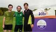 14 October 2017; Top three finishers, from left, third place Conor Fitzpatrick, from Malahide, first place Feidhlim Kelly, Athletics Ireland, and second place Richard Frewen, from Malahide, after the Malahide parkrun where Vhi ambassador and Olympian David Gillick also took part as Vhi hosted a special event to celebrate their partnership with parkrun Ireland. David was on hand to lead the warm up for parkrun participants before completing the 5km course alongside newcomers and seasoned parkrunners alike. Vhi provided walkers, joggers, runners and volunteers at Malahide parkrun with a variety of refreshments in the Vhi Relaxation Area at the finish line. A qualified physiotherapist was also available to guide participants through a post event stretching routine to ease those aching muscles.  parkruns take place over a 5km course weekly, are free to enter and are open to all ages and abilities, providing a fun and safe environment to enjoy exercise. To register for a parkrun near you visit www.parkrun.ie. New registrants should select their chosen event as their home location. You will then receive a personal barcode which acts as your free entry to any parkrun event worldwide. Photo by Cody Glenn/Sportsfile