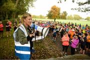 14 October 2017; Race director Ruth Bannon addresses runners ahead of the Malahide parkrun where Vhi ambassador and Olympian David Gillick took part as Vhi hosted a special event to celebrate their partnership with parkrun Ireland. David was on hand to lead the warm up for parkrun participants before completing the 5km course alongside newcomers and seasoned parkrunners alike. Vhi provided walkers, joggers, runners and volunteers at Malahide parkrun with a variety of refreshments in the Vhi Relaxation Area at the finish line. A qualified physiotherapist was also available to guide participants through a post event stretching routine to ease those aching muscles.  parkruns take place over a 5km course weekly, are free to enter and are open to all ages and abilities, providing a fun and safe environment to enjoy exercise. To register for a parkrun near you visit www.parkrun.ie. New registrants should select their chosen event as their home location. You will then receive a personal barcode which acts as your free entry to any parkrun event worldwide. Photo by Cody Glenn/Sportsfile