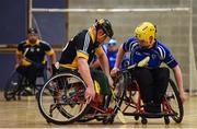 14 October 2017; Peter Lewis of Ulster, left, in action against Maurice Noonan of Munster, right, during the M. Donnelly GAA Wheelchair Hurling All-Ireland Finals at Knocknarea Arena, I.T Sligo in Sligo. Photo by Seb Daly/Sportsfile