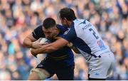 14 October 2017; Jack Conan of Leinster is tackled by Bismarck Du Plessis of Montpellier during the European Rugby Champions Cup Pool 3 Round 1 match between Leinster and Montpellier at the RDS Arena in Dublin. Photo by Ramsey Cardy/Sportsfile