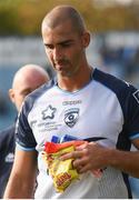 14 October 2017; Ruan Pienaar of Montpellier, leaves the pitch with a packet of Tayto, given to him by Ulster supporters, following the European Rugby Champions Cup Pool 3 Round 1 match between Leinster and Montpellier at the RDS Arena in Dublin. Photo by Stephen McCarthy/Sportsfile