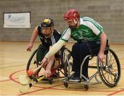 14 October 2017; Lorcan Madden of Leinster, right, in action against Peter Lewis of Ulster during the M. Donnelly GAA Wheelchair Hurling All-Ireland Final at Knocknarea Arena, I.T Sligo in Sligo. Photo by Seb Daly/Sportsfile