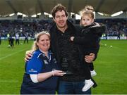 14 October 2017; OLSC President Rebecca Leggett makes a presentaion to former Leinster player Mike McCarthy and his daughter Lola during the European Rugby Champions Cup Pool 3 Round 1 match between Leinster and Montpellier at the RDS Arena in Dublin. Photo by Stephen McCarthy/Sportsfile