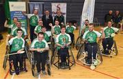 14 October 2017; Leinster player and coaches are joined by Connacht GAA Chairman Mick Rock following their victory against Ulster during the M. Donnelly GAA Wheelchair Hurling All-Ireland Final at Knocknarea Arena, I.T Sligo in Sligo. Photo by Seb Daly/Sportsfile