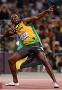 5 August 2012; Jamaica's Usain Bolt celebrates winning the final of the men's 100m. London 2012 Olympic Games, Athletics, Olympic Stadium, Olympic Park, Stratford, London, England. Picture credit: Stephen McCarthy / SPORTSFILE