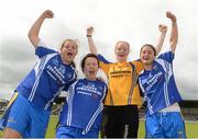 6 August 2012; Clare players, from left, Lauren McMahon, Shauna Crowley, Aoife O'Neill and Niki Kaiser celebrate after the game. Both teams wore provincial colours due to a colour clash, Clare, blue, and Roscommon, white. All-Ireland Ladies Football Minor B Championship Final, Clare v Roscommon, St. Brendan’s Park, Birr, Co. Offaly. Picture credit: Pat Murphy / SPORTSFILE