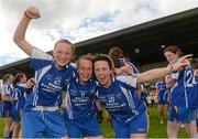 6 August 2012; Clare players, from left, Kayleigh McCormack, Roisin Howley and Shauna Crowley celebrate after the game. Both teams wore provincial colours due to a colour clash, Clare, blue, and Roscommon, white. All-Ireland Ladies Football Minor B Championship Final, Clare v Roscommon, St. Brendan’s Park, Birr, Co. Offaly. Picture credit: Pat Murphy / SPORTSFILE