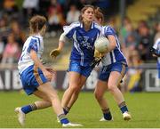 6 August 2012; Niki Kaiser, Clare, in action against Bronagh McHugh and Rebecca Coyle, left, Roscommon. Both teams wore provincial colours due to a colour clash, Clare, blue, and Roscommon, white. All-Ireland Ladies Football Minor B Championship Final, Clare v Roscommon, St. Brendan’s Park, Birr, Co. Offaly. Picture credit: Pat Murphy / SPORTSFILE