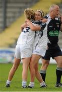 6 August 2012; Kildare players Emer Fogerty, left, and Roisin Byrne celebrate at their end of the game. TG4 All-Ireland Ladies Football Senior Championship Qualifier Round 1, Kildare v Laois, St. Brendan’s Park, Birr, Co. Offaly. Picture credit: Pat Murphy / SPORTSFILE
