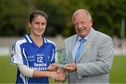 6 August 2012; Niki Kaiser, Clare, is presented with the player of the match award by Pat Quill, President, Ladies Gaelic Football Association. All-Ireland Ladies Football Minor B Championship Final, Clare v Roscommon, St. Brendan’s Park, Birr, Co. Offaly. Picture credit: Pat Murphy / SPORTSFILE