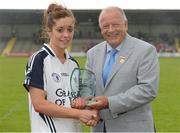 6 August 2012; Aisling Holton, Kildare, is presented with the player of the match award by Pat Quill, President, Ladies Gaelic Football Association. TG4 All-Ireland Ladies Football Senior Championship Qualifier Round 1, Kildare v Laois, St. Brendan’s Park, Birr, Co. Offaly. Picture credit: Pat Murphy / SPORTSFILE