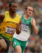 7 August 2012; Ireland's Paul Hession trails eventual winner Yohan Blake, Jamaica, during their heat of the men's 200m. London 2012 Olympic Games, Athletics, Olympic Stadium, Olympic Park, Stratford, London, England. Picture credit: Brendan Moran / SPORTSFILE