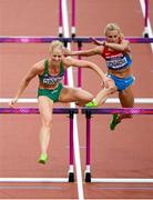 7 August 2012; Ireland's Derval O’Rourke competes with Yuliya Kondakova, Russia, in their semi-final of the women's 100m hurdles where she finished 5th but did not qualify for the final. London 2012 Olympic Games, Athletics, Olympic Stadium, Olympic Park, Stratford, London, England. Picture credit: Brendan Moran / SPORTSFILE