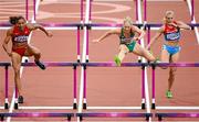 7 August 2012; Ireland's Derval O’Rourke competes with Lolo Jones, left, USA, and Yuliya Kondakova, Russia, in their semi-final of the women's 100m hurdles where she finished 5th but did not qualify for the final. London 2012 Olympic Games, Athletics, Olympic Stadium, Olympic Park, Stratford, London, England. Picture credit: Brendan Moran / SPORTSFILE