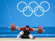 7 August 2012; Matthias Steiner, Germany, lies on the floor after failing to lift in the Men's +105kg Weightlifting final. London 2012 Olympic Games, Boxing, South Arena 2, ExCeL Arena, Royal Victoria Dock, London, England. Picture credit: Stephen McCarthy / SPORTSFILE