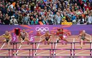 7 August 2012; Ireland's Derval O’Rourke competes with, from left, Sally Pearson, Australia, Jessica Zelinka, Canada, Eline Berings, Belgium, and Lolo Jones, USA, in their semi-final of the women's 100m hurdles where she finished 5th but did not qualify for the final. London 2012 Olympic Games, Athletics, Olympic Stadium, Olympic Park, Stratford, London, England. Picture credit: Brendan Moran / SPORTSFILE
