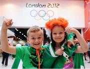 7 August 2012; Jack Moylan, age 8, with his sister Maggie age 5, both from Dublin, at the ExCeL Arena ahead of Michael Conlan's men's fly 52kg quarter-final contest against Nordine Oubaali, France. London 2012 Olympic Games, Boxing, South Arena 2, ExCeL Arena, Royal Victoria Dock, London, England. Picture credit: David Maher / SPORTSFILE