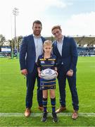 14 October 2017; Matchday mascot 10 year old Nicholas Holmes, from Dublin, with Leinster's Sean O'Brien, left, and Cathal Marsh ahead of the European Rugby Champions Cup Pool 3 Round 1 match between Leinster and Montpellier at the RDS Arena in Dublin. Photo by Ramsey Cardy/Sportsfile