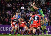 14 October 2017; Julien Audy of Oyonnax has his box kick charged down by Ultan Dillane of Connacht during the European Rugby Challenge Cup Pool 5 Round 1 match between Oyonnax and Connacht at Stade de Geneve in Geneva, Switzerland. Photo by Sam Barnes/Sportsfile