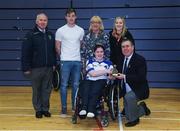 14 October 2017; Roscommon and Connacht All-Star wheelchair hurler Sarah Cregg is presented with her award by Connacht GAA Chairman Mick Rock, alongside her family, prior to the M. Donnelly GAA Wheelchair Hurling All-Ireland Finals at Knocknarea Arena, I.T Sligo in Sligo. Photo by Seb Daly/Sportsfile