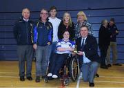 14 October 2017; Roscommon and Connacht All-Star wheelchair hurler Sarah Cregg is presented with her award by Connacht GAA Chairman Mick Rock, alongside her family, prior to the M. Donnelly GAA Wheelchair Hurling All-Ireland Finals at Knocknarea Arena, I.T Sligo in Sligo. Photo by Seb Daly/Sportsfile
