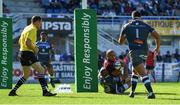 15 October 2017; Simon Zebo of Munster goes over scores his side's first try despite the tackle of Afusipa Taumoepeau of Castres Olympique during the European Rugby Champions Cup Pool 4 Round 1 match between Castres Olympique and Munster at Stade Pierre Antoine in Castres, France. Photo by Brendan Moran/Sportsfile