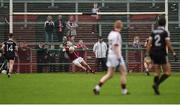 15 October 2017; Antoin McMullan of Slaughtneil saves a penalty from Darragh O’Hanlon of Kilcoo during the AIB Ulster GAA Football Senior Club Championship First Round match between Kilcoo and Slaughtneil at Páirc Esler in Down. Photo by Seb Daly/Sportsfile