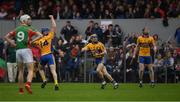 15 October 2017; Seadna Morley, centre, and his Sixmilebridge teammates celebrate what they thought was the winning last minute point, only for Clooney Quin to level again,  during the Clare County Senior Hurling Championship Final match between Clooney Quin and Sixmilebridge at Cusack Park in Ennis County Clare. Photo by Ray McManus/Sportsfile