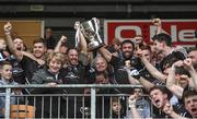 15 October 2017; Connor O'Donnell and Joe McMahon of Omagh St Enda's hold aloft the O'Neill cup after the Tyrone County Senior Football Championship Final match between Errigal Ciaran and Omagh St Enda's at Healy Park in Tyrone. Photo by Oliver McVeigh/Sportsfile