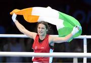 9 August 2012; Katie Taylor, Ireland, celebrates after being declared the winner over Sofya Ochigava, Russia, in their women's light 60kg final contest. London 2012 Olympic Games, Boxing, South Arena 2, ExCeL Arena, Royal Victoria Dock, London, England. Picture credit: David Maher / SPORTSFILE