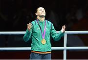 9 August 2012; Katie Taylor, Ireland, looks to the sky before receiving her gold medal. London 2012 Olympic Games, Boxing, South Arena 2, ExCeL Arena, Royal Victoria Dock, London, England. Picture credit: Brendan Moran / SPORTSFILE