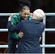 9 August 2012; Katie Taylor, Ireland, is presented with her gold medal by Patrick Hickey, OCI President and recently elected member to the executive board of the International Olympic Committee, after victory over Sofya Ochigava, Russia, during their women's light 60kg final contest. London 2012 Olympic Games, Boxing, South Arena 2, ExCeL Arena, Royal Victoria Dock, London, England. Picture credit: Brendan Moran / SPORTSFILE