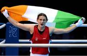 9 August 2012; Katie Taylor, Ireland, celebrates after being declared the winner over Sofya Ochigava, Russia, in their women's light 60kg final contest. London 2012 Olympic Games, Boxing, South Arena 2, ExCeL Arena, Royal Victoria Dock, London, England. Picture credit: Stephen McCarthy / SPORTSFILE