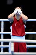 9 August 2012; Katie Taylor, Ireland, reacts before being declared the winner over Sofya Ochigava, Russia, in their women's light 60kg final contest. London 2012 Olympic Games, Boxing, South Arena 2, ExCeL Arena, Royal Victoria Dock, London, England. Picture credit: Stephen McCarthy / SPORTSFILE
