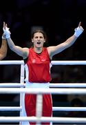 9 August 2012; Katie Taylor, Ireland, celebrates being declared the winner over Sofya Ochigava, Russia, in their women's light 60kg final contest. London 2012 Olympic Games, Boxing, South Arena 2, ExCeL Arena, Royal Victoria Dock, London, England. Picture credit: Stephen McCarthy / SPORTSFILE