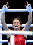 9 August 2012; Katie Taylor, Ireland, celebrates being declared the winner over Sofya Ochigava, Russia, in their women's light 60kg final contest. London 2012 Olympic Games, Boxing, South Arena 2, ExCeL Arena, Royal Victoria Dock, London, England. Picture credit: Stephen McCarthy / SPORTSFILE