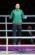 9 August 2012;  Katie Taylor, Ireland, before being presented with the gold medal in the women's light 60kg. London 2012 Olympic Games, Boxing, South Arena 2, ExCeL Arena, Royal Victoria Dock, London, England. Picture credit: Stephen McCarthy / SPORTSFILE