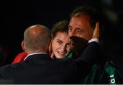 9 August 2012; Katie Taylor, Ireland, and Team Ireland technical coach Zaur Antia are congratulated by former world featherweight champion and Irish Olympian Barry McGuigan after being declared the winner over Sofya Ochigava, Russia, in their women's light 60kg final contest. . London 2012 Olympic Games, Boxing, South Arena 2, ExCeL Arena, Royal Victoria Dock, London, England. Picture credit: Stephen McCarthy / SPORTSFILE