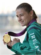 9 August 2012; Team Ireland's Katie Taylor, with her gold medal following her women's light 60kg final bout against Russia's Sofya Ochigava. London 2012 Olympic Games, Boxing Press Conference, South Arena 2, ExCeL Arena, Royal Victoria Dock, London, England. Picture credit: Brendan Moran / SPORTSFILE