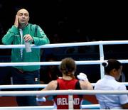 9 August 2012; Katie Taylor's father and coach Pete Taylor awaits the announcement of the result of her women's light 60kg final contest against Sofya Ochigava, Russia. London 2012 Olympic Games, Boxing, South Arena 2, ExCeL Arena, Royal Victoria Dock, London, England. Picture credit: Ray McManus / SPORTSFILE