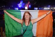 9 August 2012; Bridget Taylor, mother of Team Ireland boxer Katie Taylor, celebrates after Katie Taylor's women's light 60kg final contest against Sofya Ochigava, Russia. London 2012 Olympic Games, Boxing, South Arena 2, ExCeL Arena, Royal Victoria Dock, London, England. Picture credit: Ray McManus / SPORTSFILE