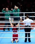 9 August 2012; Katie Taylor, Ireland, is declared the winner over Sofya Ochigava, Russia, in their women's light 60kg final contest, as Pete Taylor, her coach and father, and Team Ireland technical coach Zaur Antia celebrate the victory. London 2012 Olympic Games, Boxing, South Arena 2, ExCeL Arena, Royal Victoria Dock, London, England. Picture credit: Ray McManus / SPORTSFILE