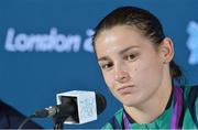 9 August 2012; Team Ireland's Katie Taylor speaks to the media following her women's light 60kg final bout against Russia's Sofya Ochigava. London 2012 Olympic Games, Boxing Press Conference, South Arena 2, ExCeL Arena, Royal Victoria Dock, London, England. Picture credit: Brendan Moran / SPORTSFILE