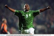 27 March 2002; Republic of Ireland's Clinton Morrison celebrates after scoring his side's third goal against Denmark. Republic of Ireland v Denmark, International Friendly, Lansdowne Road, Dublin. Picture credit; Aoife Rice / SPORTSFILE