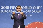 17 October 2017; Fernando Hierro draws the Republic of Ireland during the 2018 FIFA World Cup European Play-off Draw at the Home of FIFA in Zurich, Switzerland. Photo by Andy Mueller/Sportsfile