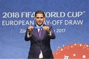 17 October 2017; Fernando Hierro draws Denmark during the 2018 FIFA World Cup European Play-off Draw at the Home of FIFA in Zurich, Switzerland. Photo by Andy Mueller/Sportsfile