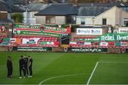 17 October 2017; Cork City players on the pitch at Turners Cross in front of the Derrynane Stand which was hit by Storm Ophelia prior to the SSE Airtricity League Premier Division match between Cork City and Derry City at Turners Cross, in Cork. Photo by Stephen McCarthy/Sportsfile